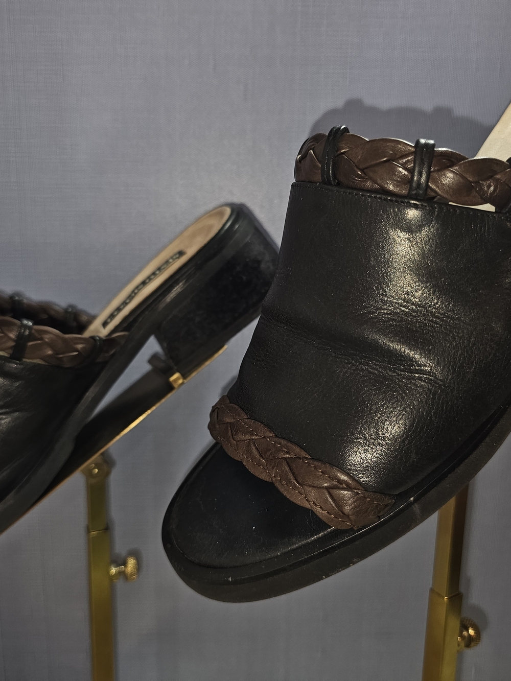Sesto Meucci Black Leather Open-Back Mules with Brown Braided Trim Wood Stack - Picture 9 of 15
